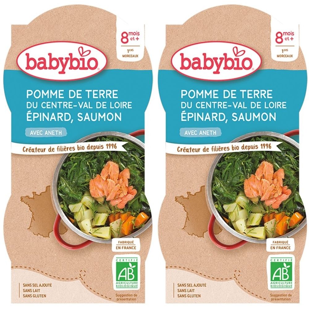 Deux emballages Babybio. Inscription: POMME DE TERRE, ÉPINARD, SAUMON. Certification bio. Dès 8 mois.