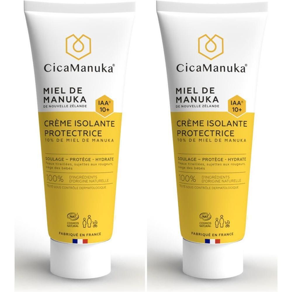 Deux tubes de Crème Isolante CicaManuka. Tubes blancs avec étiquettes jaunes. Texte : Miel de Manuka, Crème Protectrice, IAA 10+.