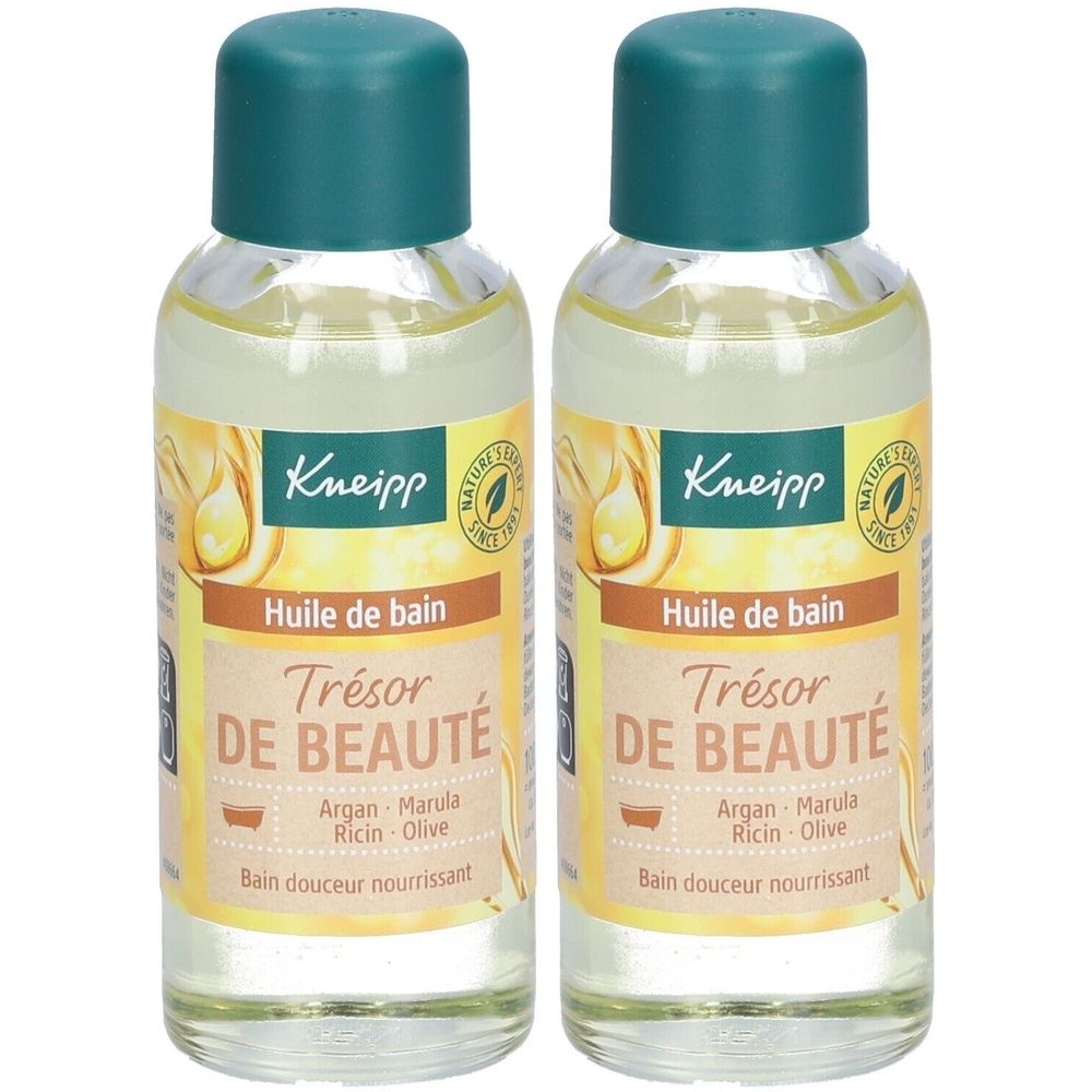 Deux flacons de Huile de bain Trésor de beauté Kneipp. Étiquette avec nom du produit et ingrédients. Bouchon vert, flacon transparent.