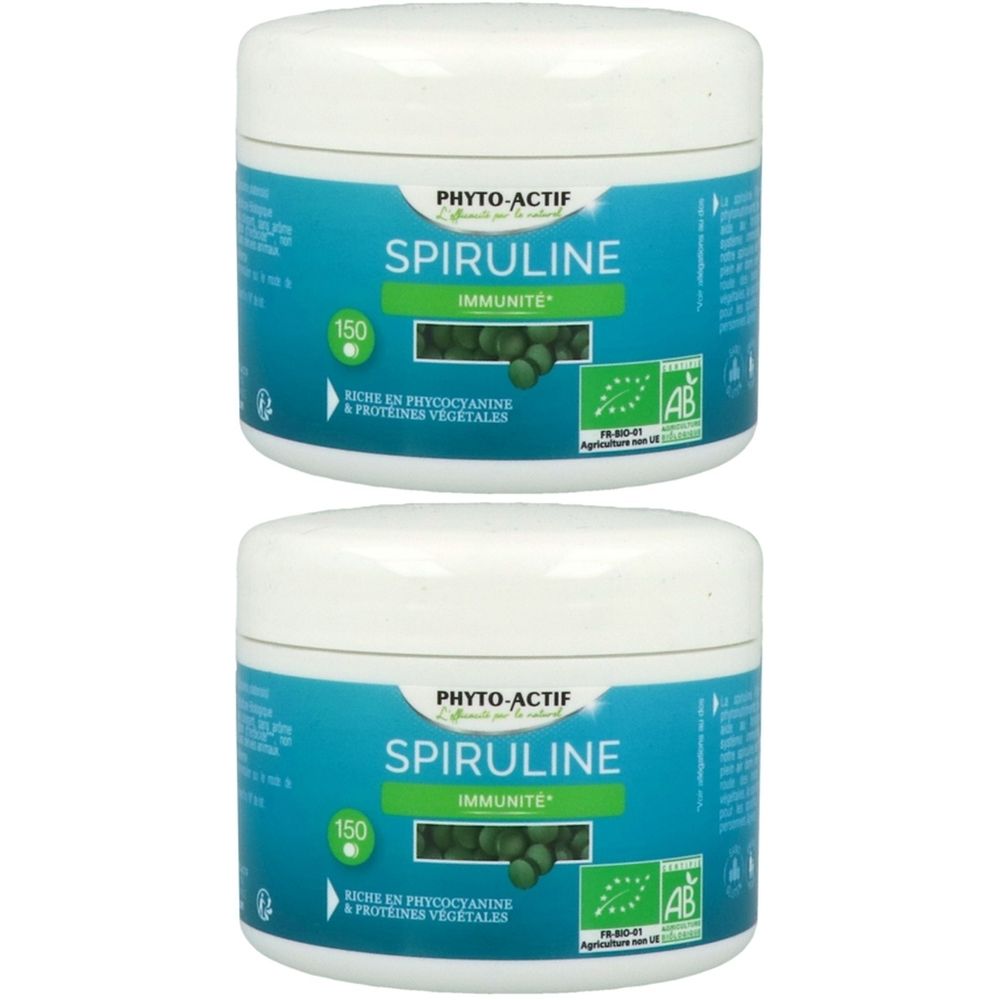 Deux pots blancs avec étiquettes bleu-vert. Inscription: PHYTO-ACTIF Spiruline Immunité. Avec label AB bio.