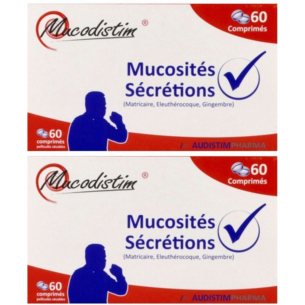Deux boîtes de Mucodistim. Inscription : Mucosités Sécrétions. Contient 60 comprimés. Marque Audistim Pharma.