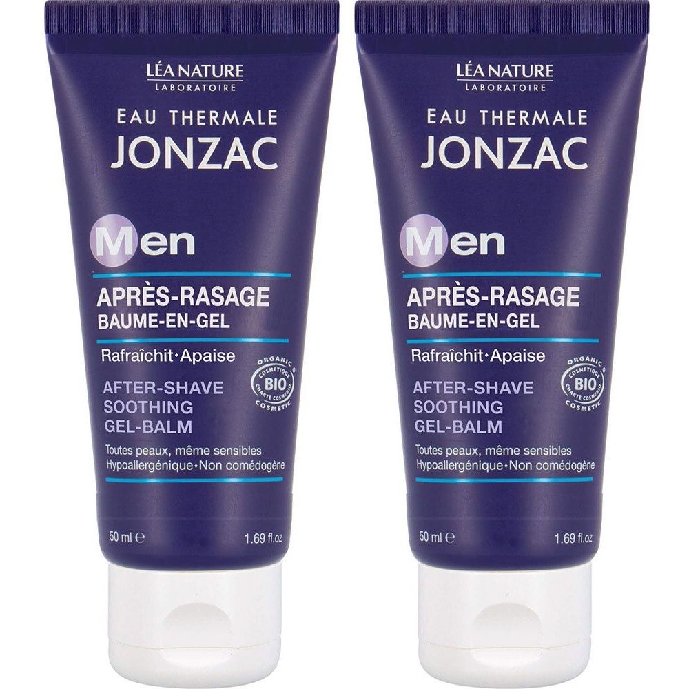 Deux tubes de baume-gel après-rasage. Tubes bleu foncé avec texte blanc. Inscription : Jonzac Men, Après-Rasage, certification Bio.