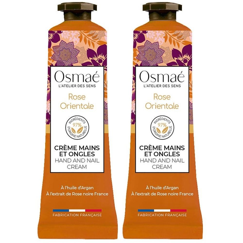 Deux tubes de crème mains et ongles. Inscription: Osmaé, Rose Orientale, Crème Mains et Ongles. Contient 97% d'ingrédients naturels.
