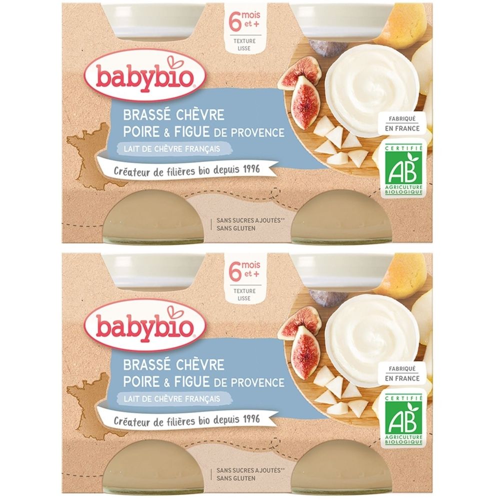 Deux emballages Babybio. Inscription: BRASSÉ CHÈVRE POIRE & FIGUE DE PROVENCE. Label AB. 6+ mois. Produit biologique.