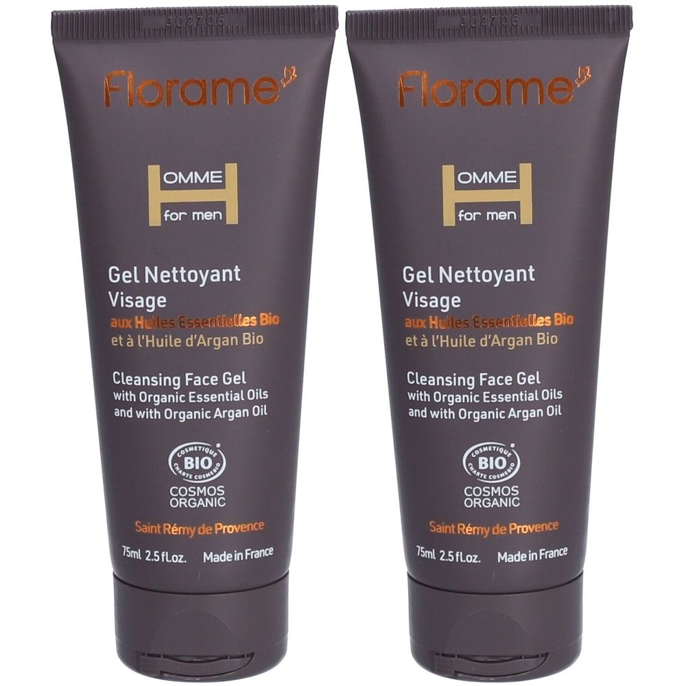 Deux tubes de gel nettoyant visage. Inscription : Florame, OMME for men, Gel Nettoyant Visage, Cosmos Organic. 75ml.