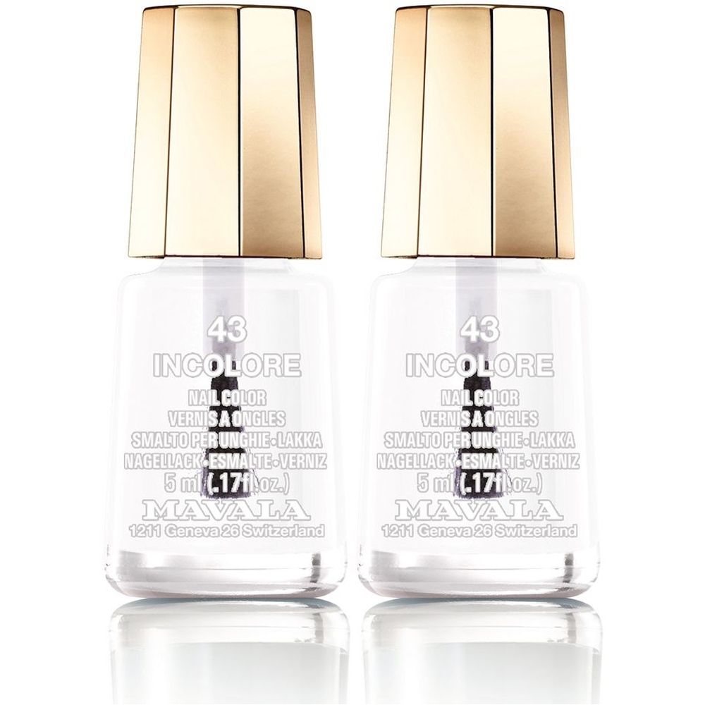 Deux flacons de vernis à ongles incolore. Flacons en verre transparent avec bouchons dorés. Inscription : INCOLORE, 5 ml, MAVALA.