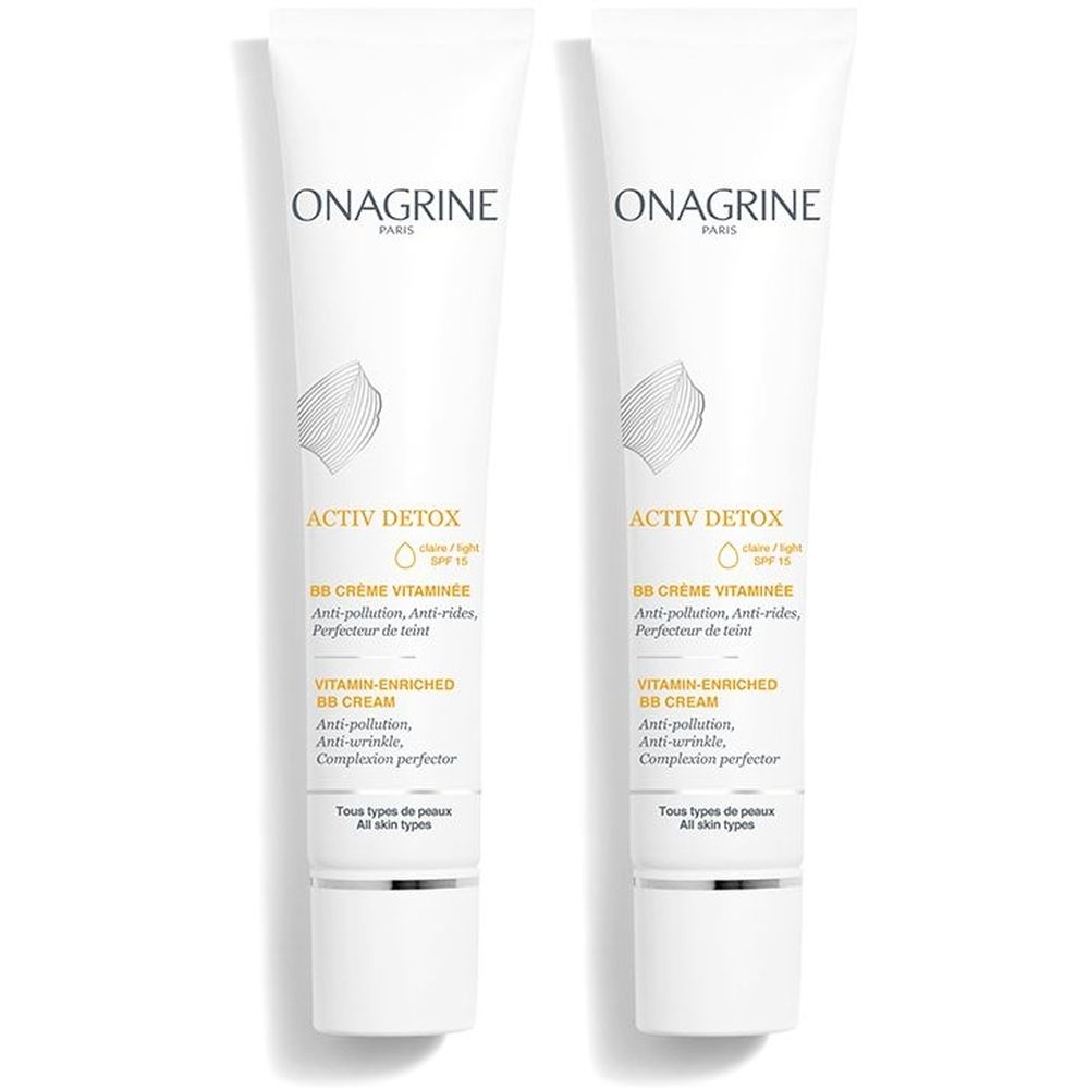 Deux tubes blancs. Inscription: ONAGRINE, ACTIV DETOX, BB CRÈME VITAMINÉE. Crème BB enrichie en vitamines. Pour tous types de peaux.