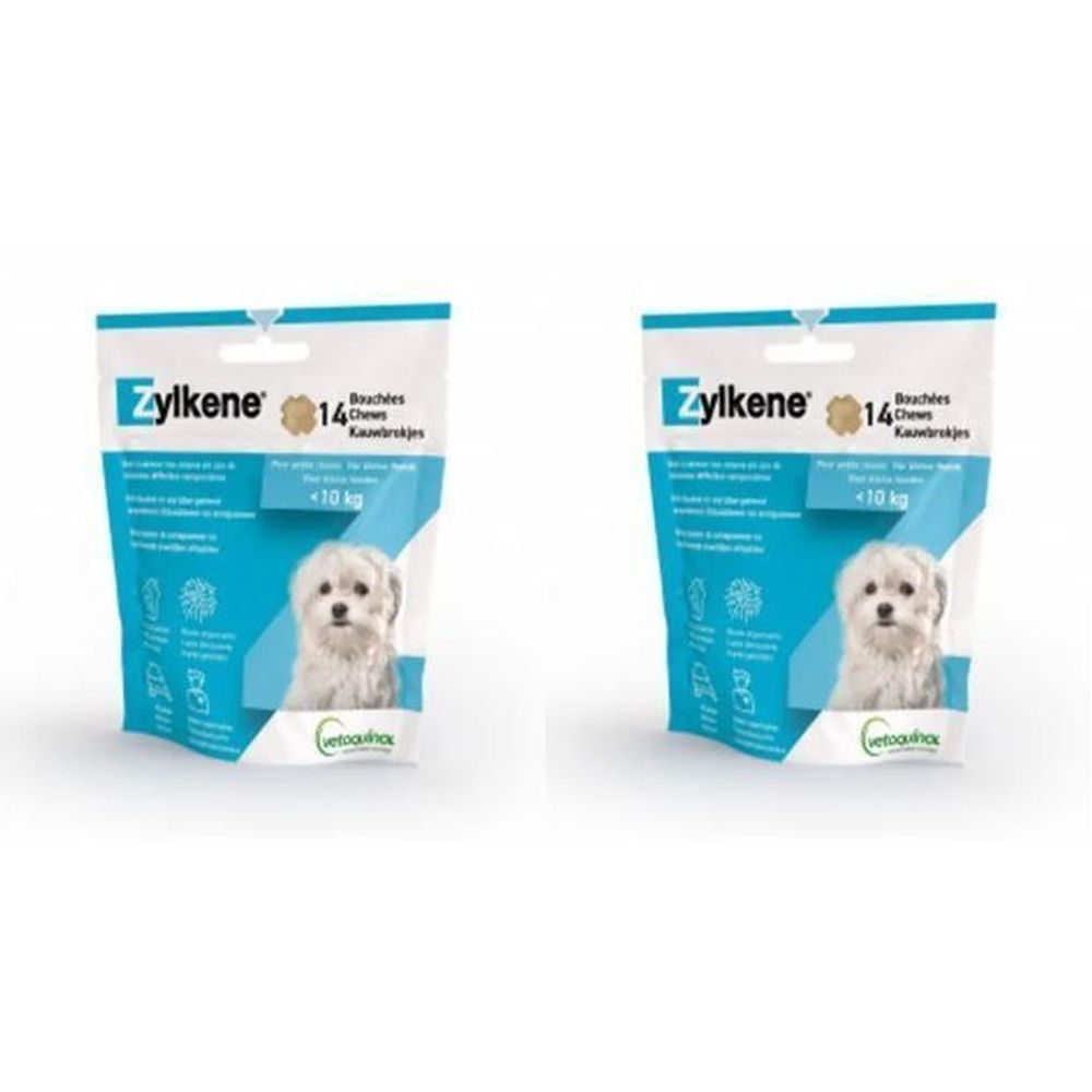 Deux sachets de Zylkene Chews. Chaque sachet montre un petit chien blanc. Inscription: Zylkene, 14 Chews, +10 kg.