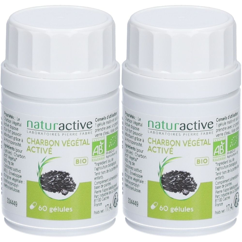 Deux flacons blancs de « CHARBON VÉGÉTAL ACTIVÉ ». Inscription « naturactive » et « BIO ». Contient 60 gélules.