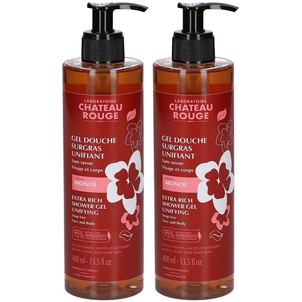 Deux flacons de gel douche avec pompe noire. Inscription: Château Rouge, Gel Douche Surgras Unifiant Monoï. Flacons rouges avec fleurs blanches.