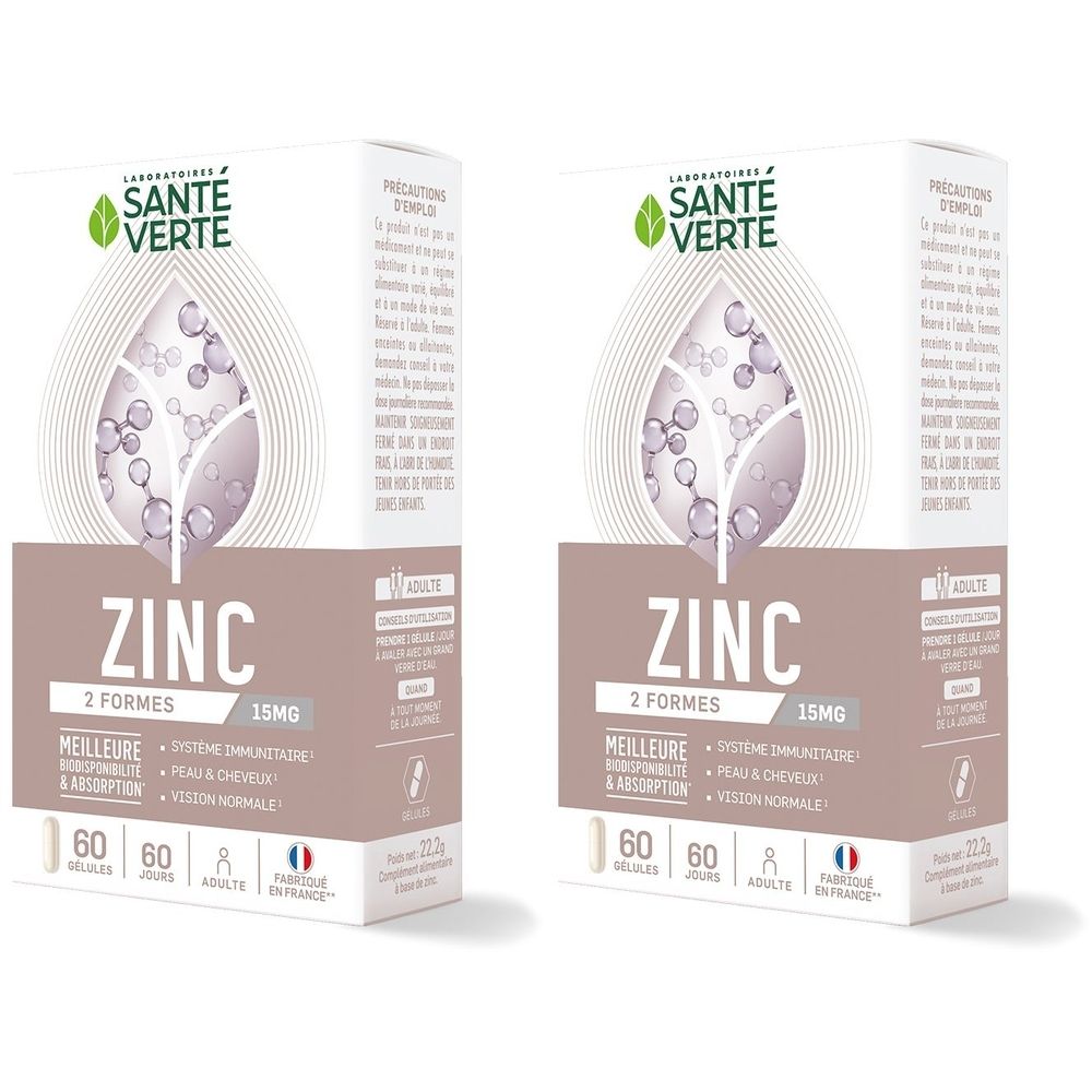 Deux boîtes de SANTE VERTE Zinc 15 mg. Inscription ZINC, 2 FORMES, 15MG. Contient 60 gélules. Drapeau français.