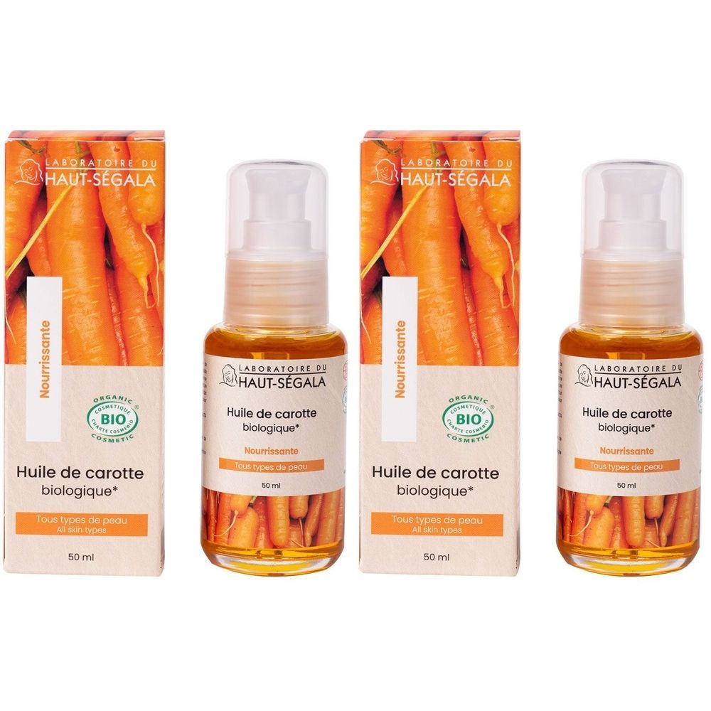 Trois flacons et emballages. Inscription : Huile de carotte biologique. Certification bio. Huile orange avec pompe.