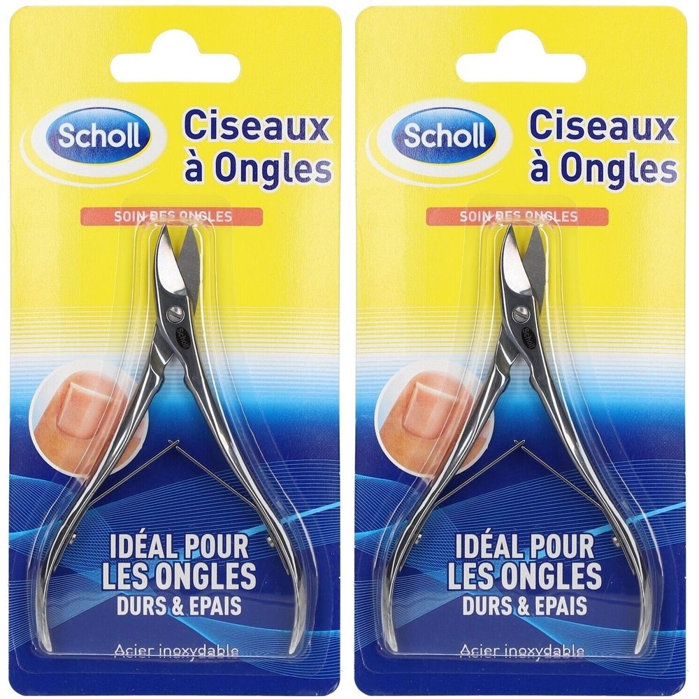 Deux paquets de ciseaux à ongles Scholl. Idéal pour les ongles durs et épais. En acier inoxydable. Sur fond jaune. Inscription: Ciseaux à Ongles.