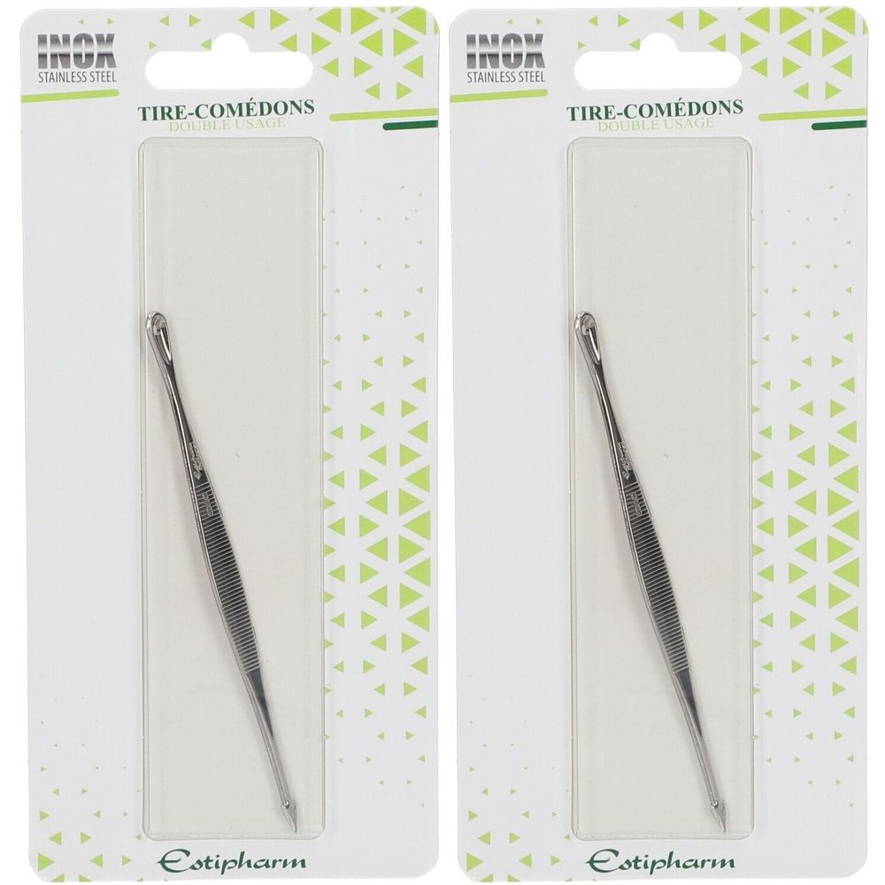Deux tire-comédons en acier inoxydable, emballés. Marque Estipharm. Texte: Tire-Comédons.