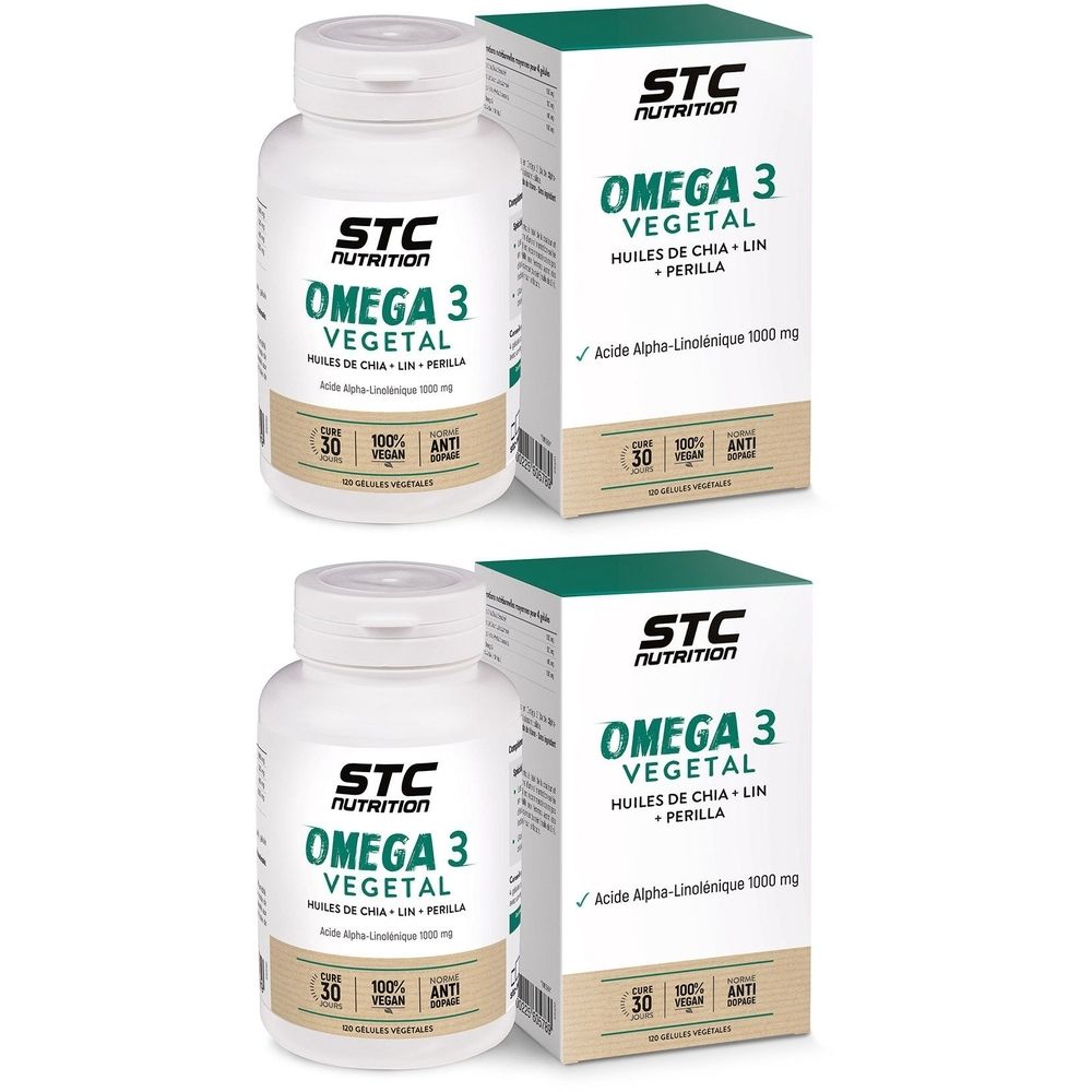 Deux flacons et boîtes blancs avec STC Nutrition Omega 3 Vegetal. Inscription: 30 gélules, 100% végétal, anti-reflux.