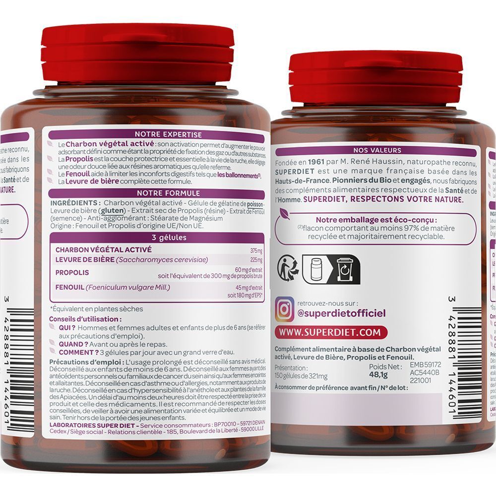 Flacons Superdiet à charbon actif, levure de bière, propolis et fenouil.