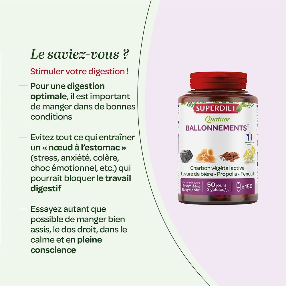 Flacon de gélules pour la digestion. Marque SUPERDIET. Contient charbon actif, levure de bière, propolis, fenouil.