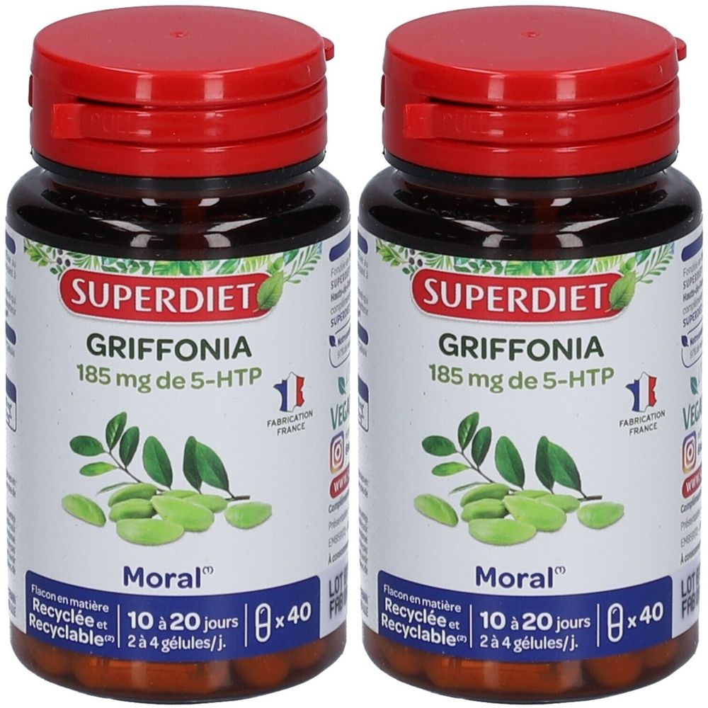 Deux flacons de Superdiet Griffonia 185mg de 5-HTP. Flacons bruns avec couvercle rouge. Inscription: Moral, 10 à 20 jours, 8 x 40.