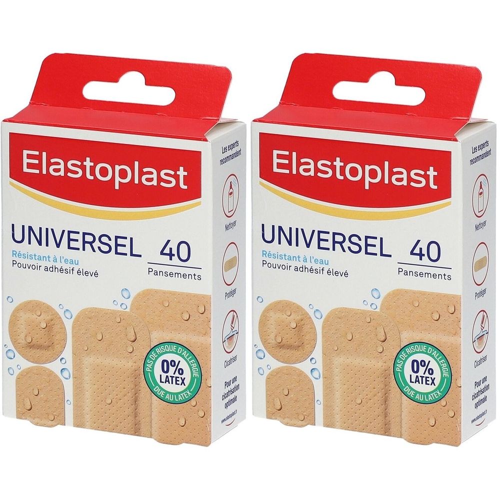Deux boîtes de pansements Elastoplast Universel. Inscription: UNIVERSAL 40, résistant à l'eau, pouvoir adhésif élevé, 0% latex. Pansements illustrés.
