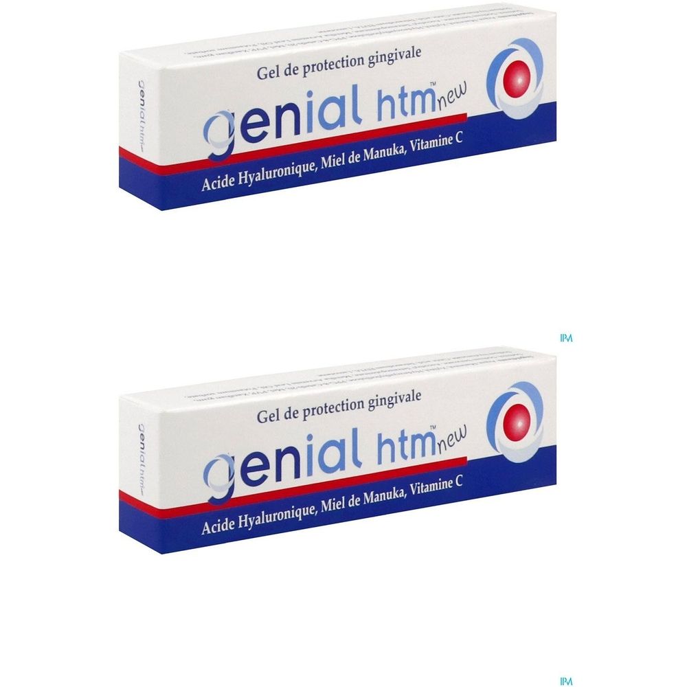 Deux tubes blancs avec texte bleu et rouge. Inscription: Gel de protection gingivale, genial htm new, Acide Hyaluronique, Miel de Manuka, Vitamine C.