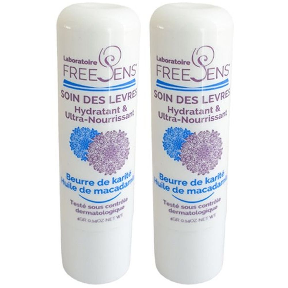 Deux sticks à lèvres blancs. Inscription: FREESENS, Soin des Lèvres, Hydratant & Ultra-Nourrissant. Beurre de karité et huile de macadamia.