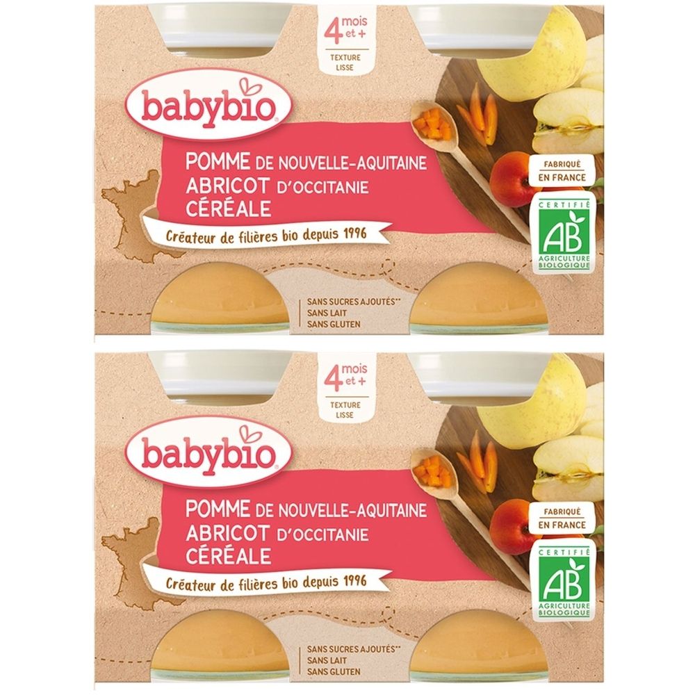 Emballage Babybio. Inscription: Pomme, abricot, céréale. Certification bio. Fabriqué en France. Pour bébés dès 4 mois. Sans sucres ajoutés.