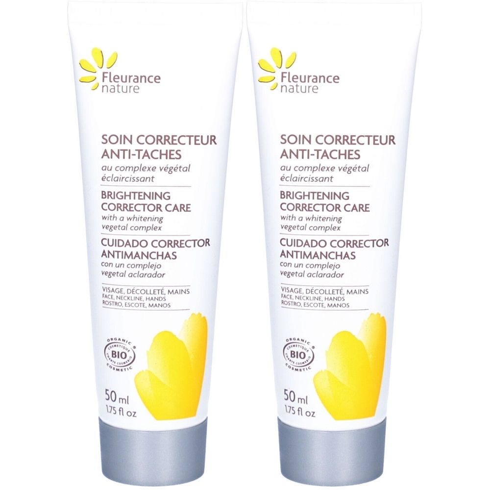 Deux tubes de crème. Inscription: SOIN CORRECTEUR ANTI-TACHES, BRIGHTENING CORRECTOR CARE. Certification Bio. 50 ml.