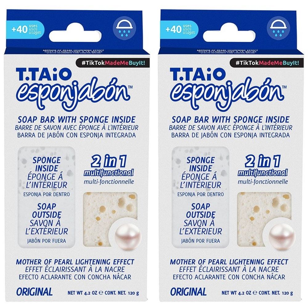 Deux emballages de savon éponge 2 en 1. Inscription : esponjabón, effet éclaircissant perlé. Emballage d'origine.