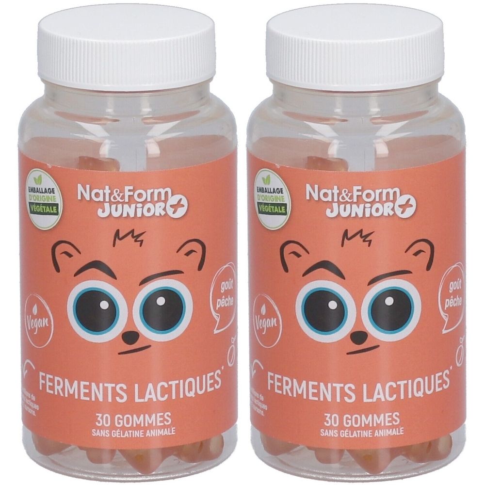 Deux flacons de gommes. Inscription: Nat&Form Junior, Ferments lactiques, 30 gommes. Label vegan. Illustration d'un visage d'ours.