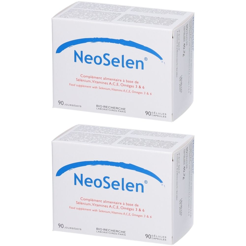 Deux boîtes blanches "NeoSelen". Inscription: Complément alimentaire à base de sélénium, vitamines, oméga 3 & 6. 90 gélules.
