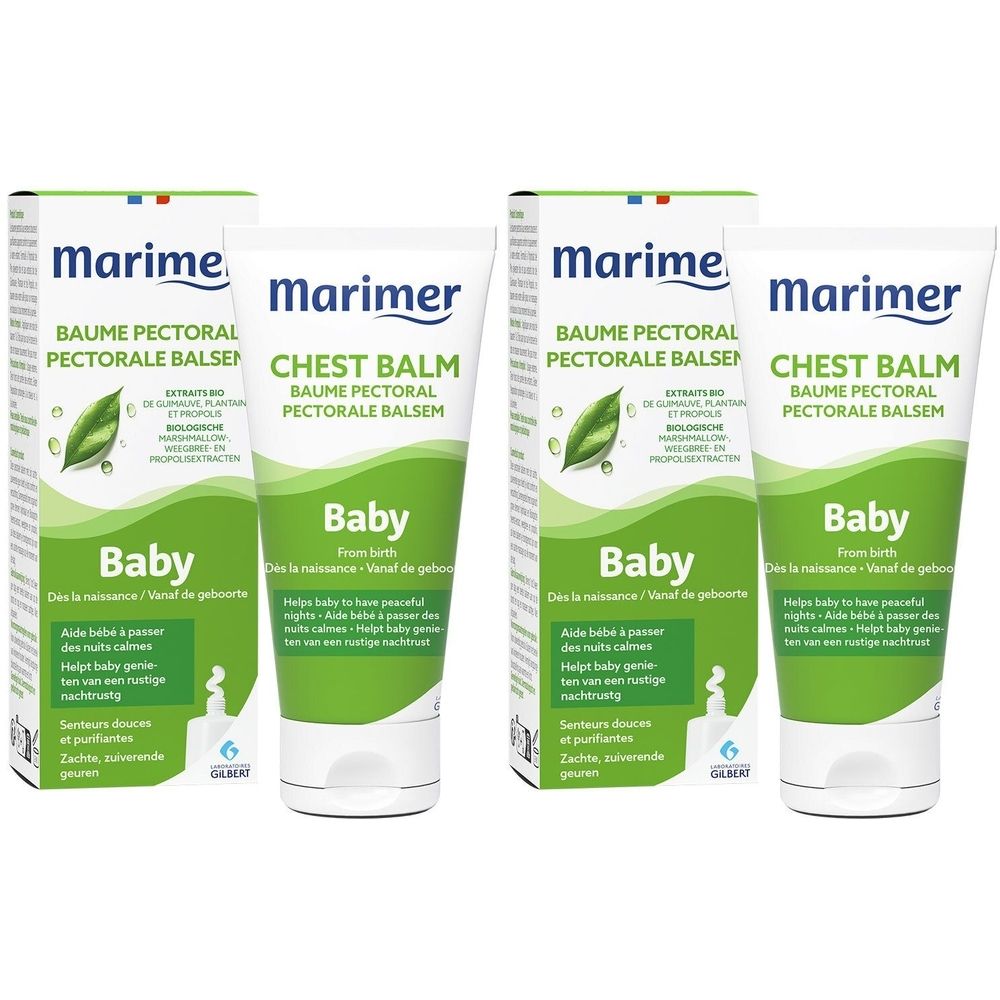 Quatre tubes et boîtes. Inscription: Marimer, Baume pectoral Baby. Design vert et blanc. Logo feuille. Texte en allemand, français, néerlandais.