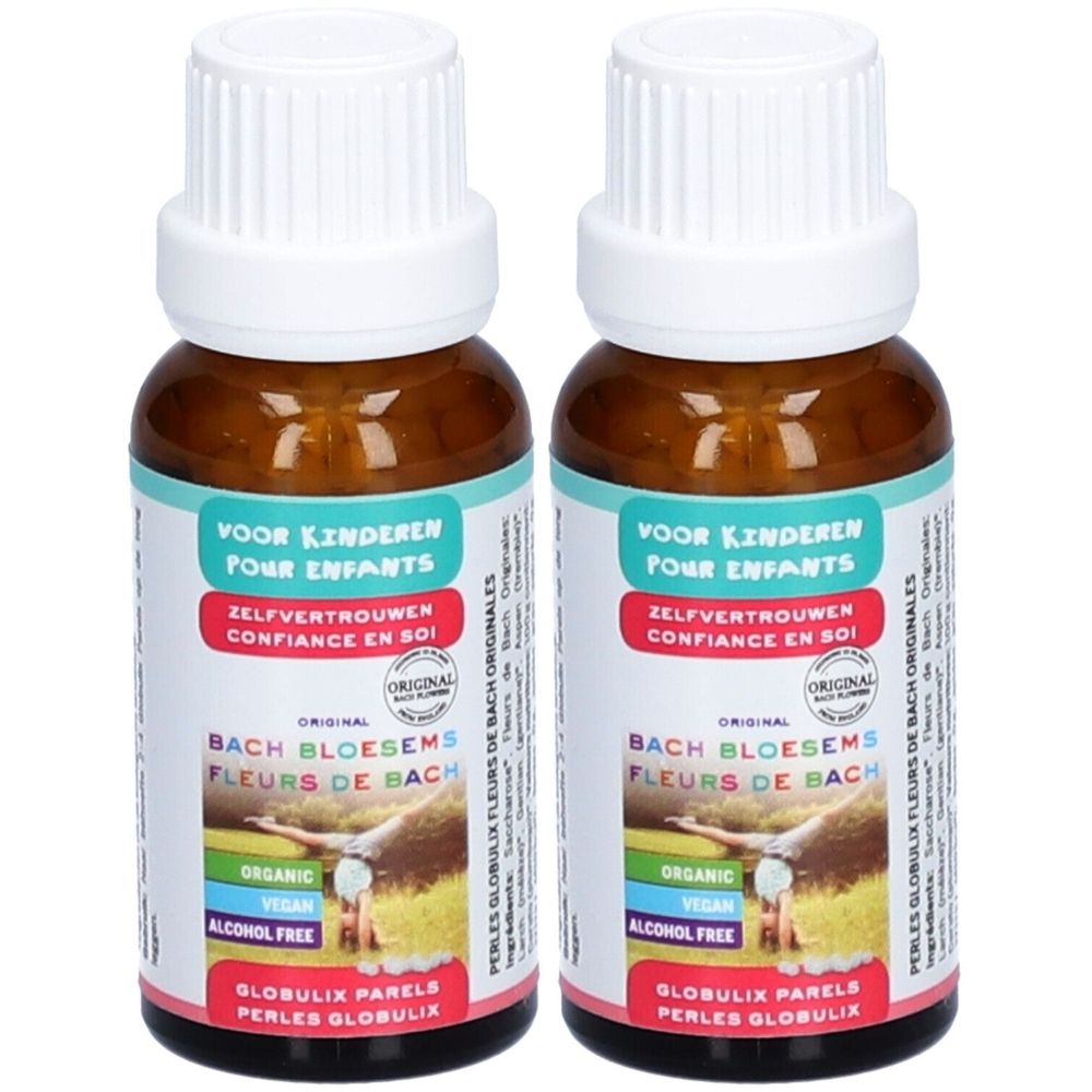Deux flacons en verre brun avec bouchons blancs. Étiquettes avec texte multilingue, dont "Bach Bloesems" et "Organic".