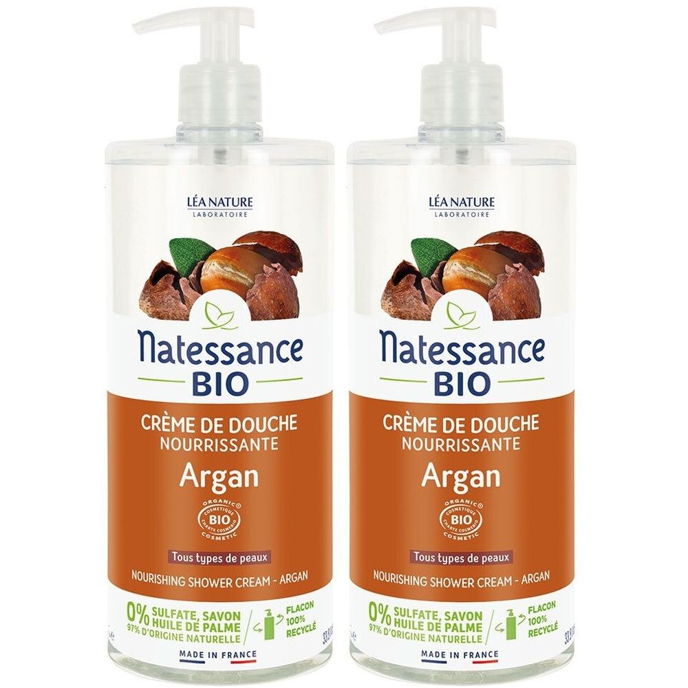 Deux flacons de crème de douche avec pompe. Inscription : Natessance BIO, Argan. Contient une certification bio et du texte en français.
