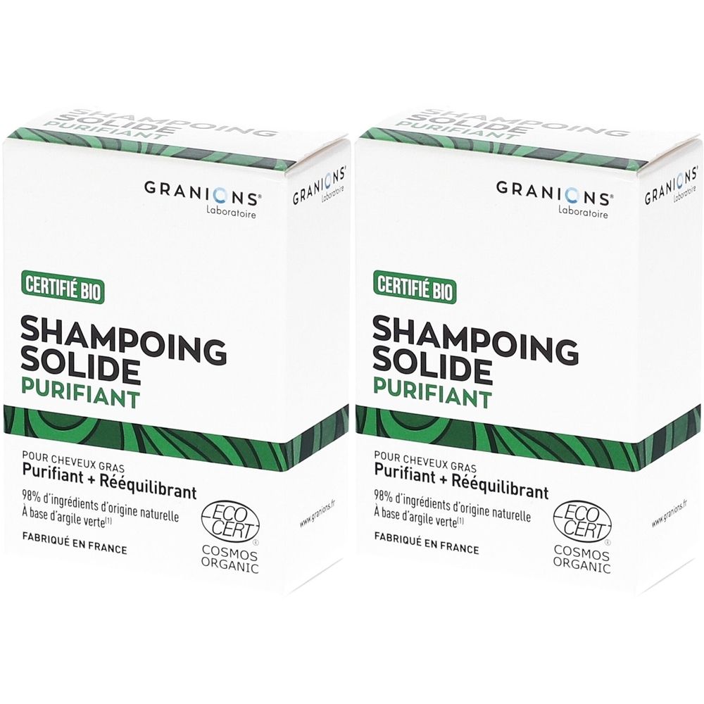 Deux boîtes blanches avec détails verts. Inscription: SHAMPOING SOLIDE PURIFIANT, CERTIFIÉ BIO. Marque: GRANIONS. Logo ECO CERT.