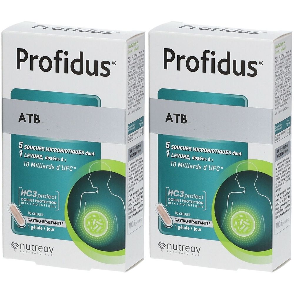 Deux boîtes blanches « Profidus ATB ». Texte : 5 souches, 10 milliards UFC. Marque : Nutreov.