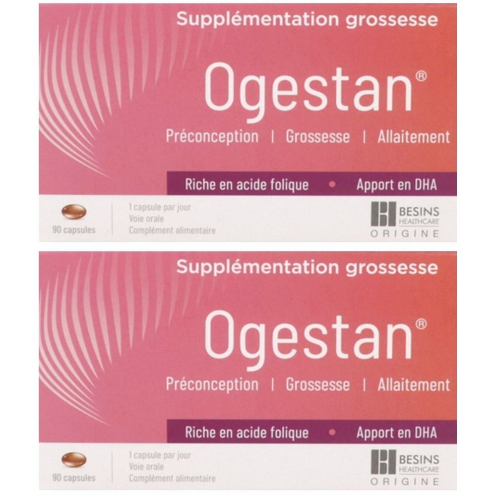 Deux boîtes Ogestan. Texte: Supplémentation grossesse, Préconception | Grossesse | Allaitement, Riche en acide folique, Apport en DHA. Capsules visibles.