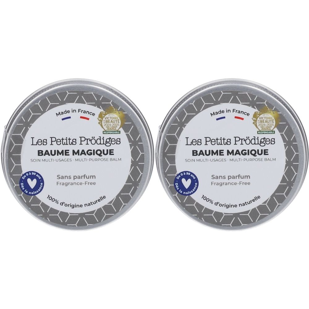Deux boîtes rondes argentées. Inscription: Les Petits Prödiges, Baume Magique, Sans parfum, 100% d'origine naturelle. Fabriqué en France.