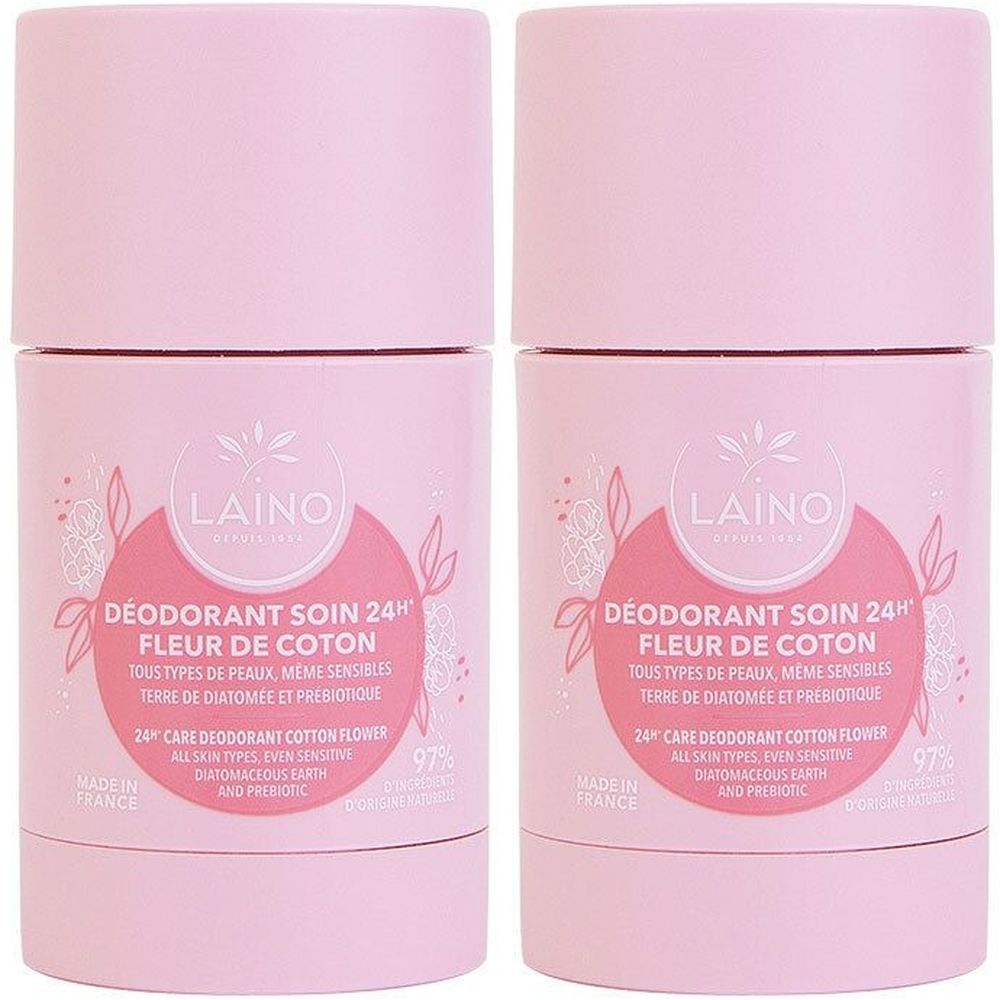 Deux déodorants roses. Inscription: LAINO, Déodorant Soin 24H Fleur de Coton. Emballage avec motif floral. Fabriqué en France.