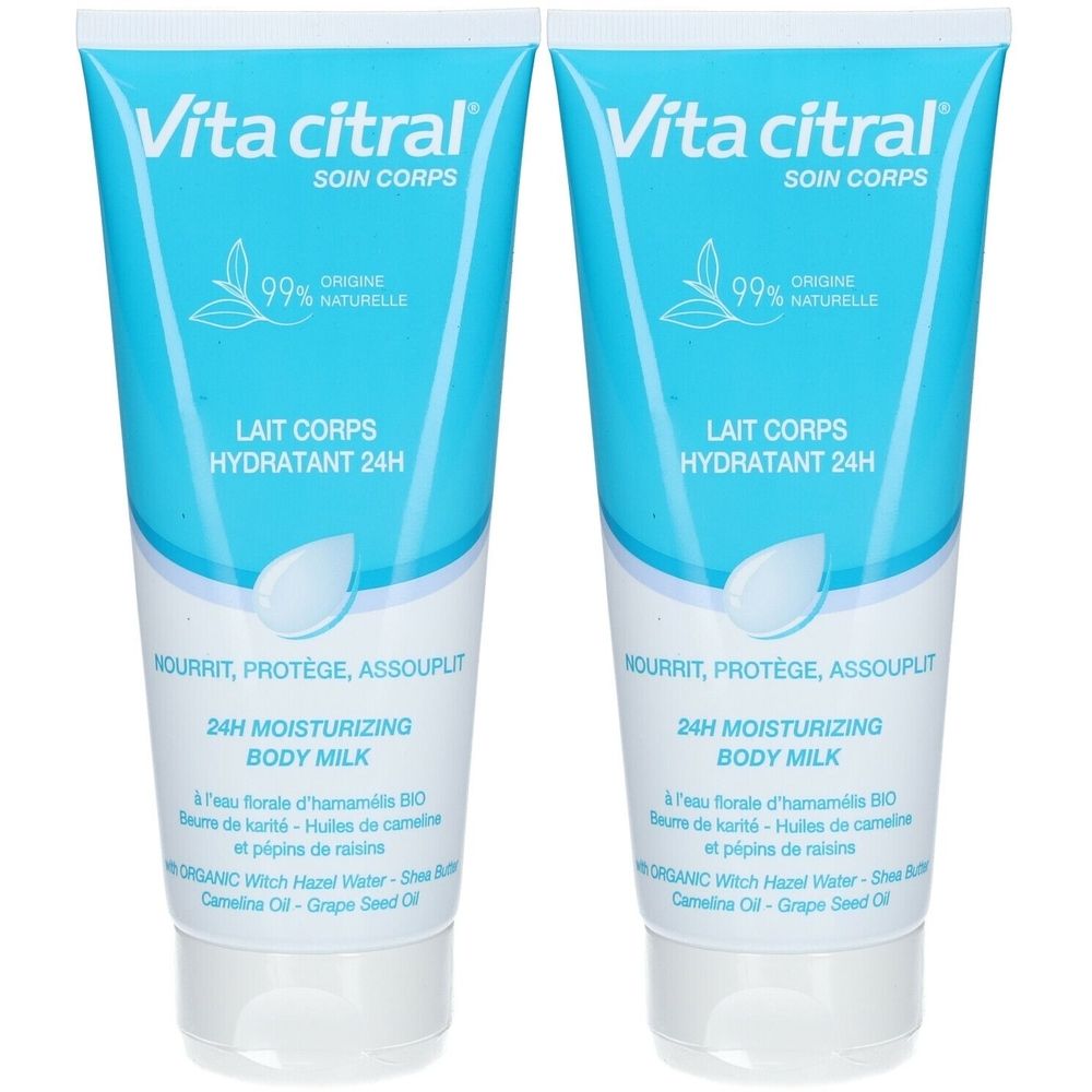 Deux tubes de lait corporel. Emballage bleu et blanc. Inscription : Vita citral, Lait Corps Hydratant 24H, 99% naturelle.