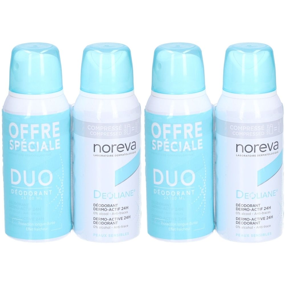 Quatre déodorants en spray avec bouchons bleu clair. Inscription "OFFRE SPECIALE DUO" et "noreva DEOLIANE".