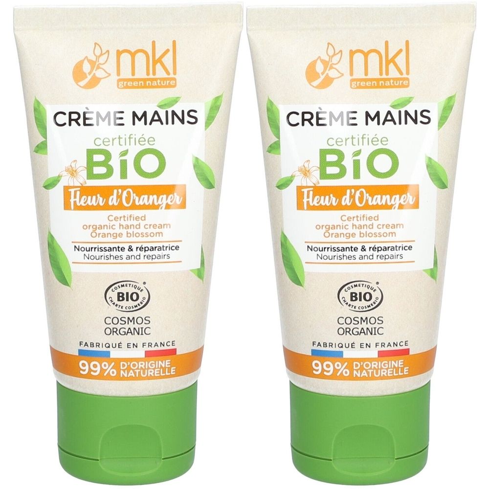 Deux tubes de crème pour les mains. Inscription : Crème Mains certifiée Bio, Fleur d'Oranger. Bouchon vert, fond blanc, décor de feuilles.