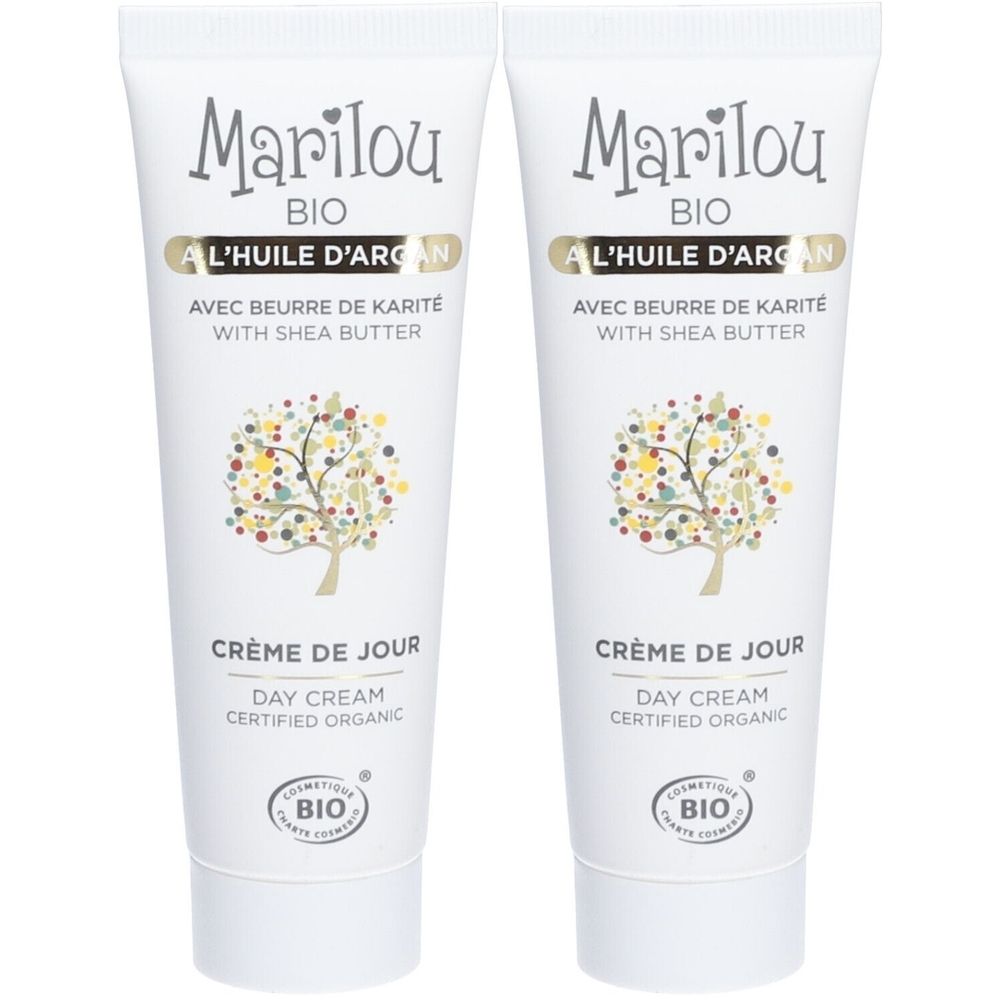 Deux tubes de crème de jour. Inscription: Marilou Bio, à l'huile d'argan, au beurre de karité. Certification bio.