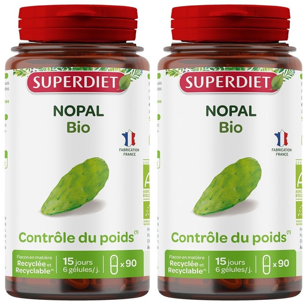 Deux flacons de Superdiet Nopal Bio. Bouchon rouge, étiquette blanche avec texte. Contient 90 gélules. Fabriqué en France.