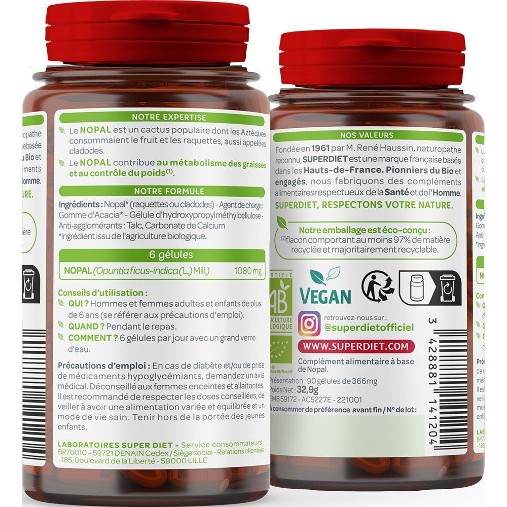 Arrière de deux flacons Superdiet Nopal Bio avec liste d'ingrédients et informations expertes.