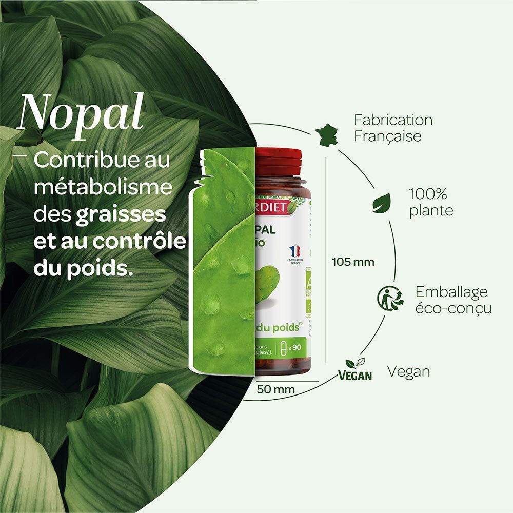 Flacon Superdiet Nopal Bio avec informations sur fabrication française et certification vegan.