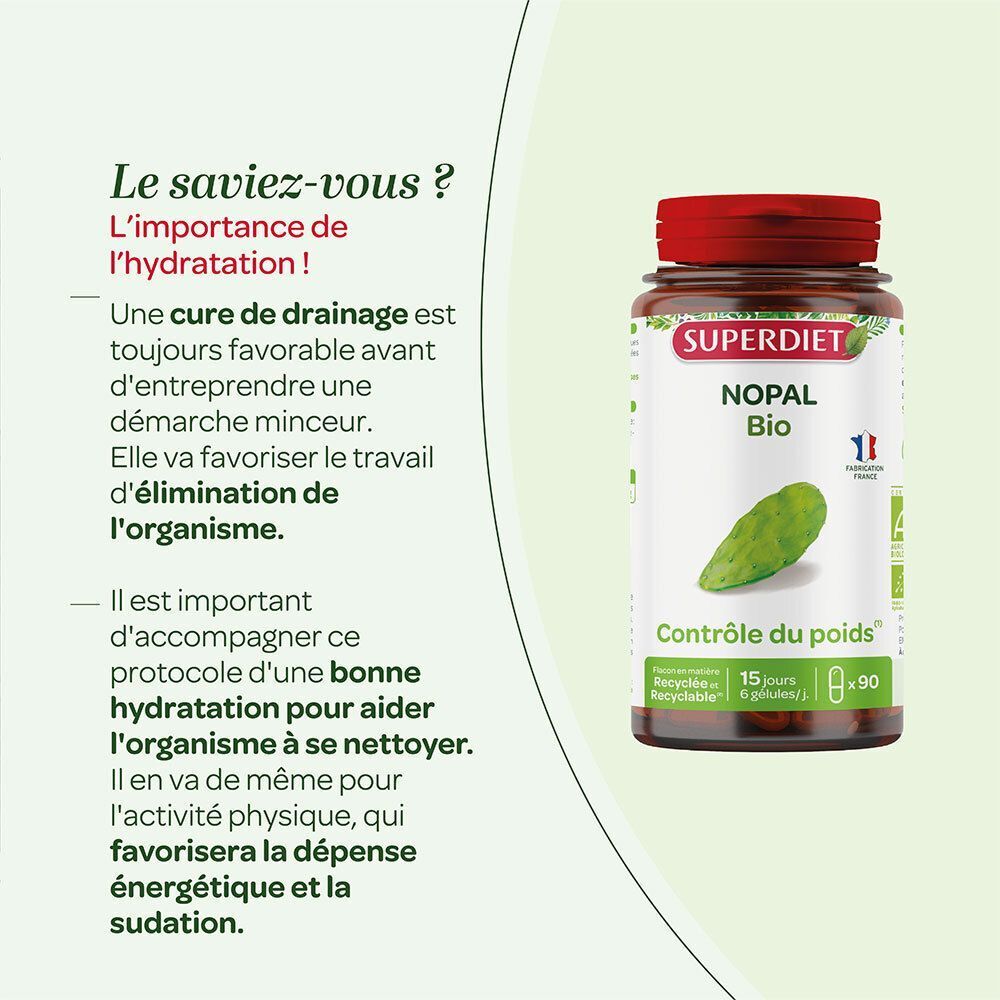 Flacon Superdiet Nopal Bio avec conseils sur l'hydratation et le soutien du corps.