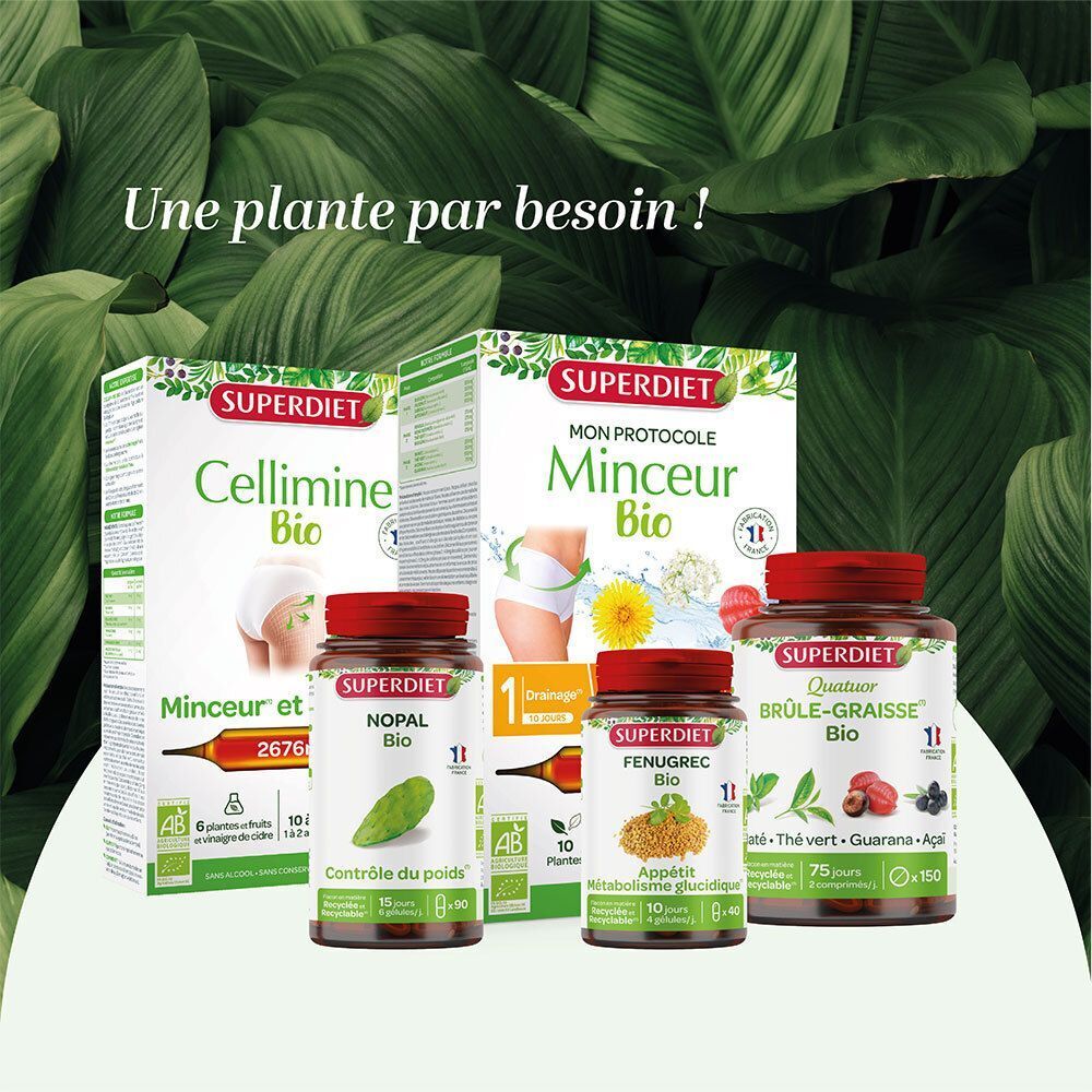 Plusieurs produits Superdiet, dont Nopal Bio, Cellimine Bio et Fenugrec Bio.