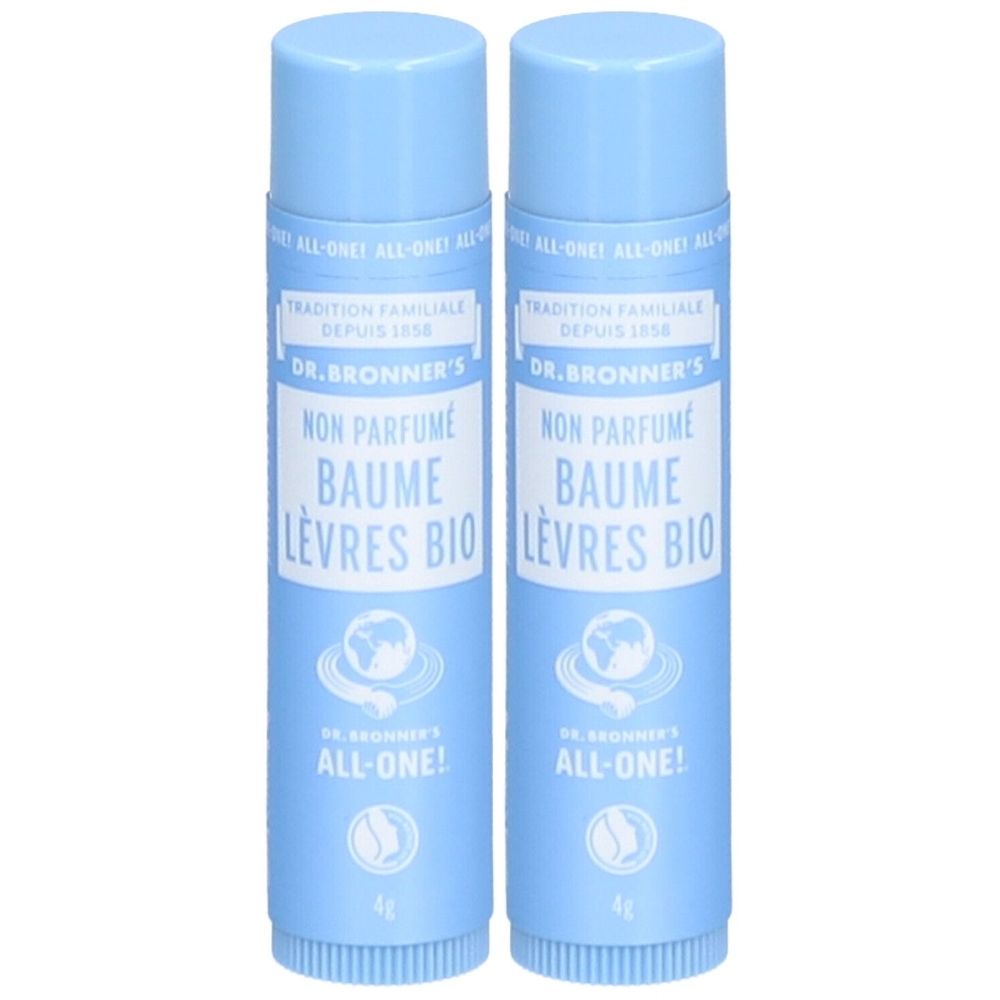 Deux sticks à lèvres bleus. Inscription: DR.BRONNER'S, NON PARFUME, BAUME LÈVRES BIO. Avec logo et texte: ALL-ONE!