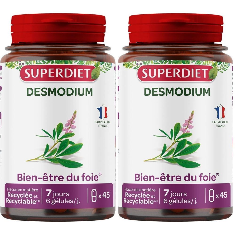 Deux flacons de SUPER DIET Desmodium Bio. Flacons en verre brun avec bouchon rouge. Inscription: Bien-être du foie. 45 gélules.
