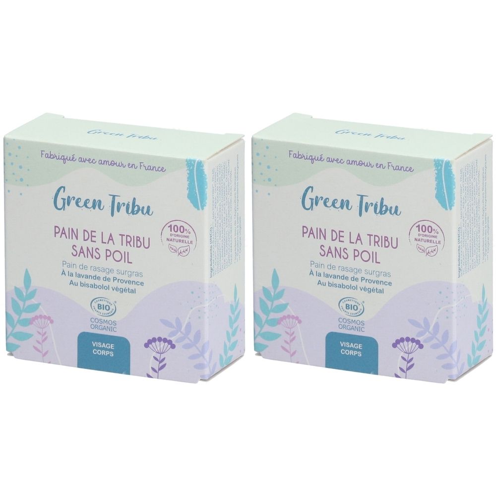 Deux boîtes rectangulaires. Inscription: Green Tribu, Pain de la tribu sans poil. Logos et texte en français. Certification cosmétique.